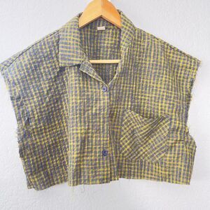 Yellow & blue plaid button-up sleeveless Crop shirt L